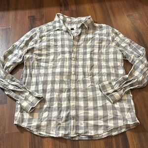 American Eagle Gray, White Plaid Button Down Long Sleeve Shirt Women Size Large